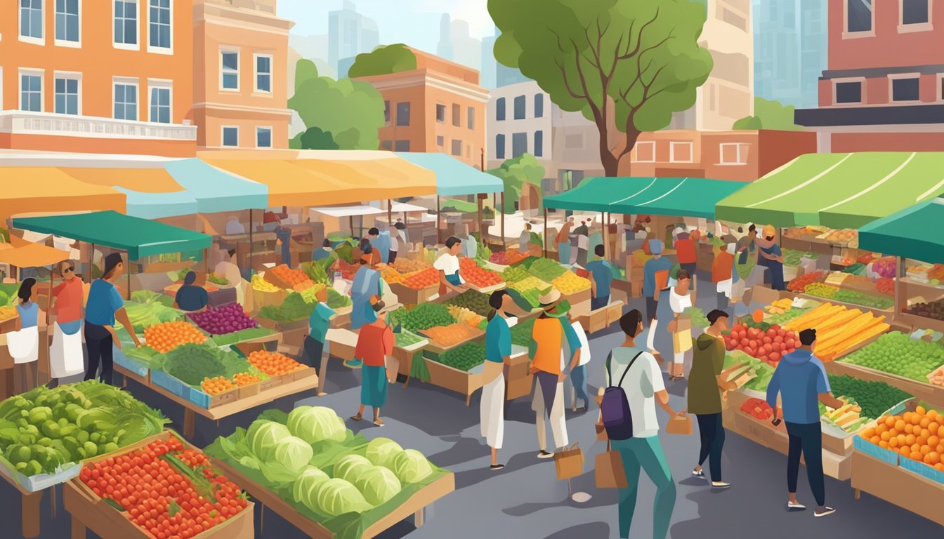 A bustling farmer's market with colorful displays of fresh fruits and vegetables, surrounded by eager customers and cheerful vendors