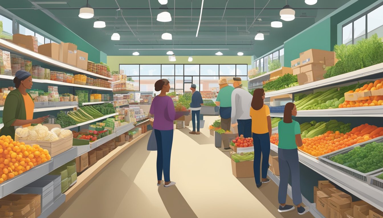 A bustling local food co-op in Milwaukee, WI, with shelves stocked full of fresh produce, dairy products, and bulk goods. Customers chat with staff while shopping