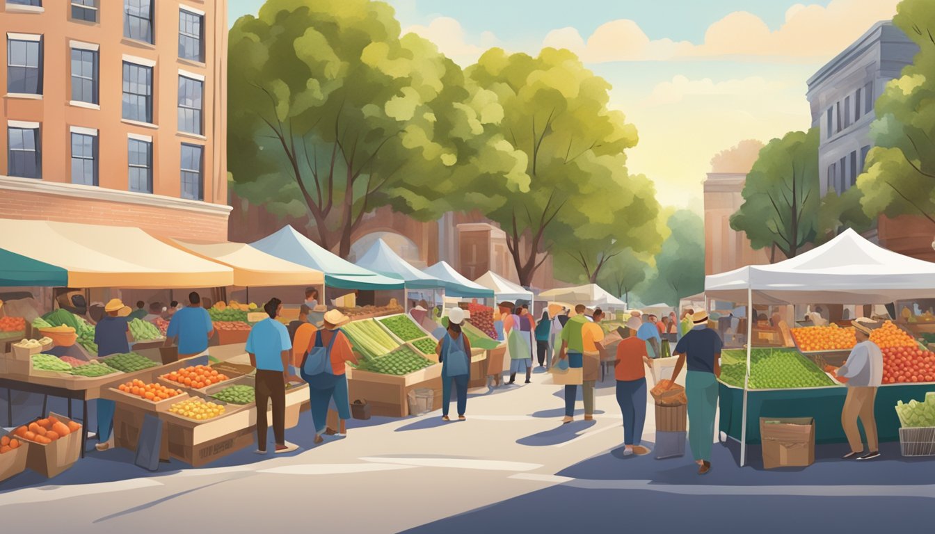 A bustling farmers' market with diverse produce and smiling vendors, surrounded by a supportive community in Milwaukee, WI