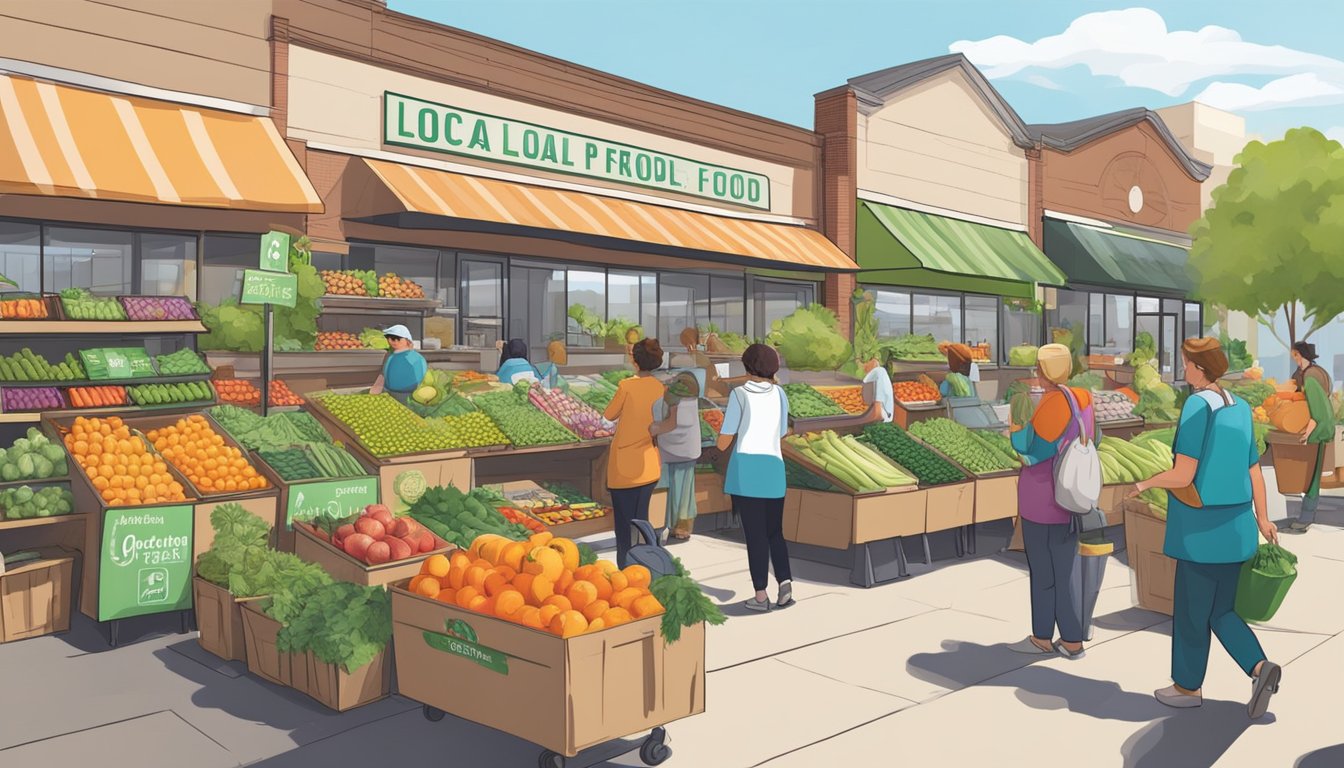 A bustling local food co-op with colorful produce displays and friendly staff assisting customers