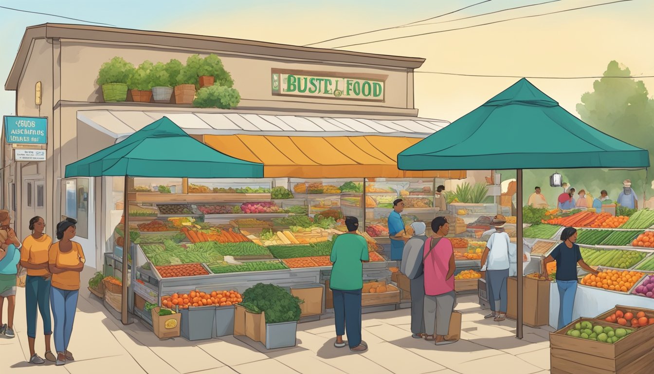 A bustling local food coop in Fontana, CA, with vendors selling fresh produce and products from nearby farms. Busy shoppers browse the colorful displays