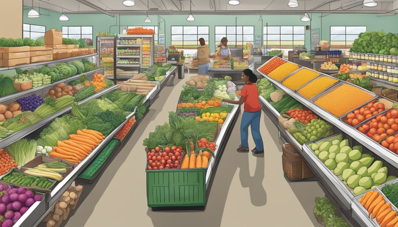 A bustling local food co-op in Milwaukee, with colorful produce displays and a diverse selection of organic products