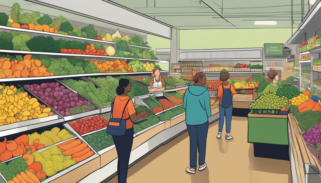 Customers browsing fresh produce at a bustling local food co-op in Milwaukee, WI. Shelves are stocked with colorful fruits and vegetables, while the air is filled with the sounds of chatter and the scent of organic goods