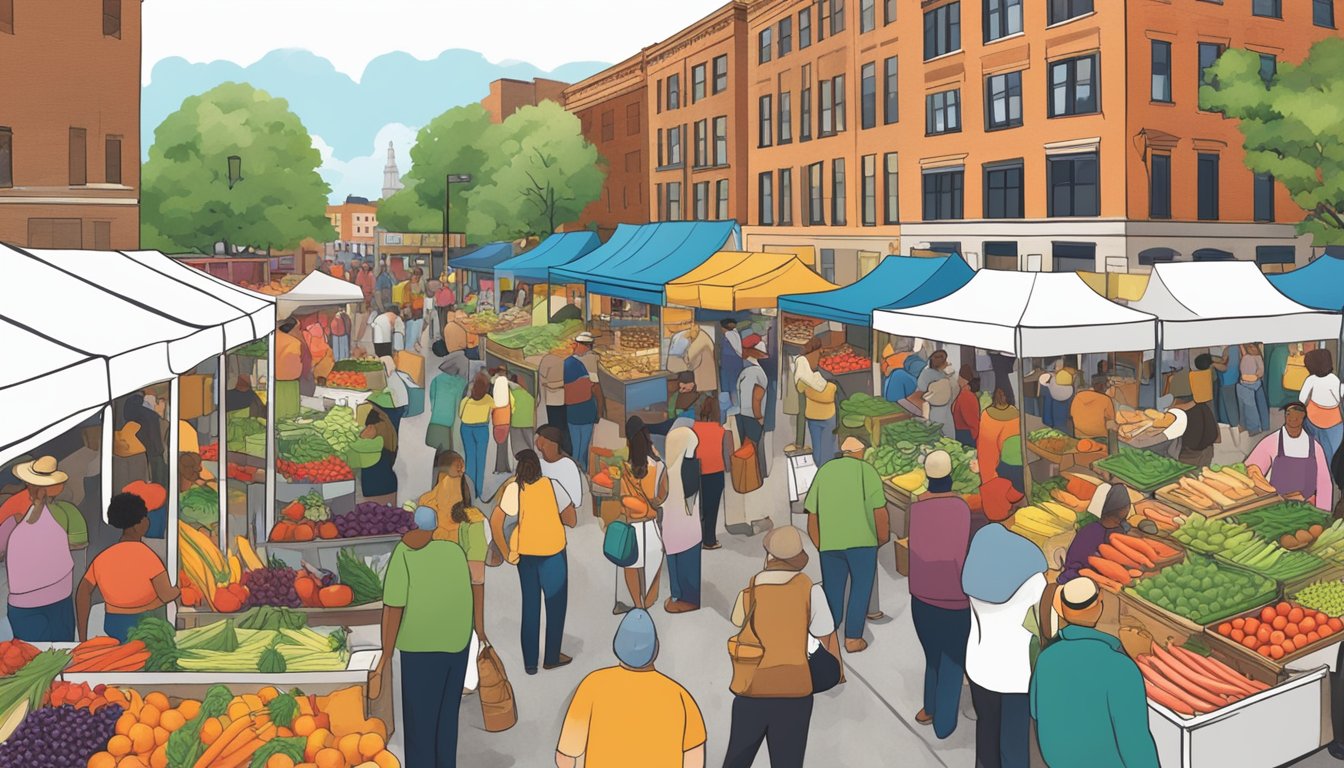 A bustling farmers' market with colorful stalls, fresh produce, and a diverse crowd of customers in Milwaukee, Wisconsin