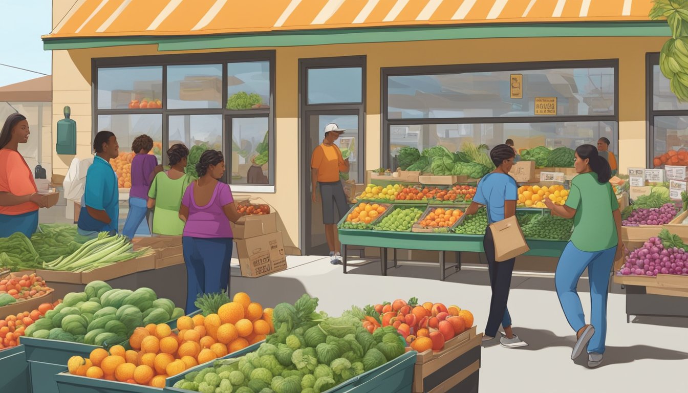 A bustling local food coop in Fontana, CA, with customers browsing fresh produce and chatting with vendors, while the community comes together to support local businesses