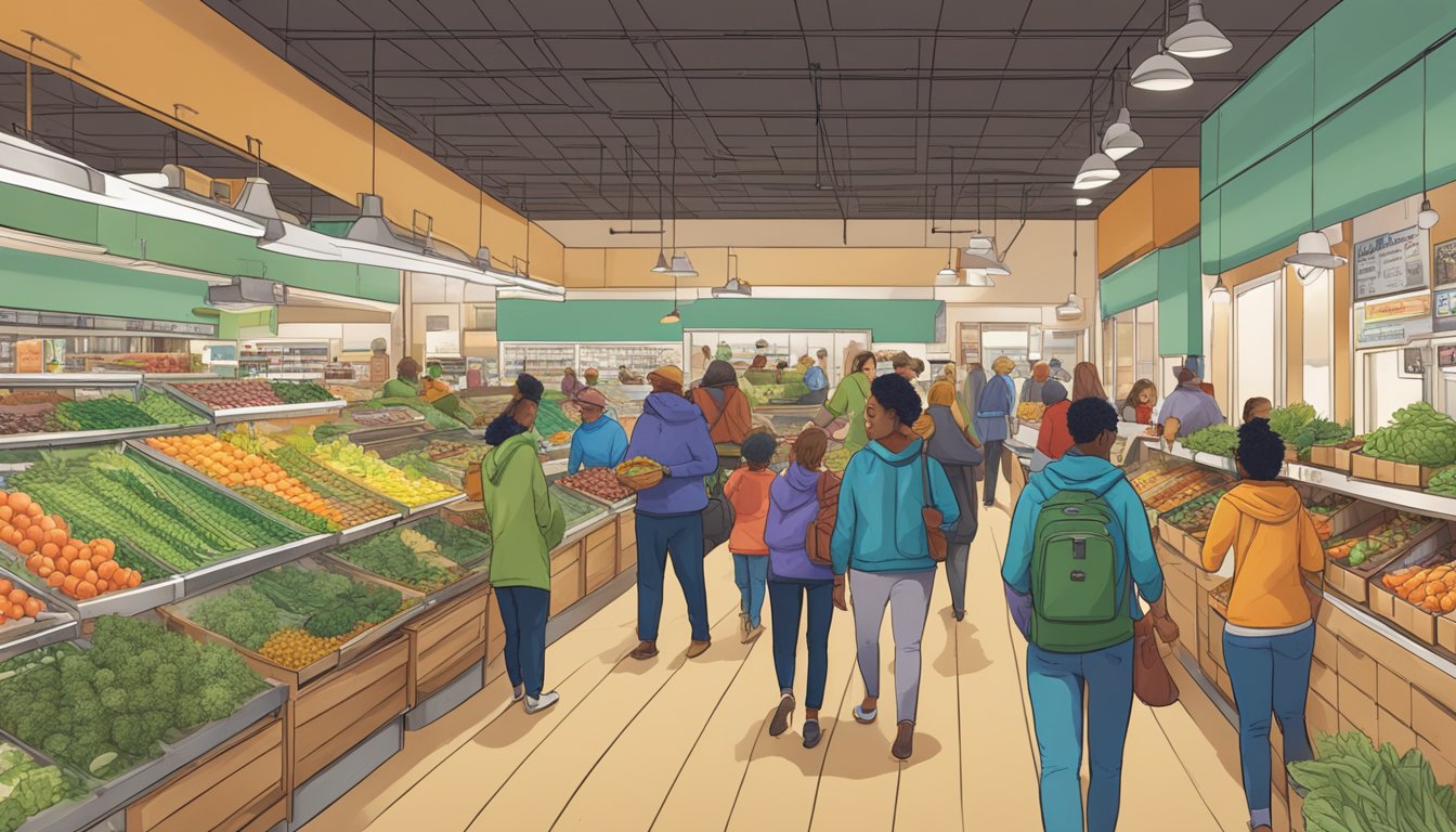 A bustling local food co-op in Milwaukee, WI with diverse community members shopping and engaging in activities