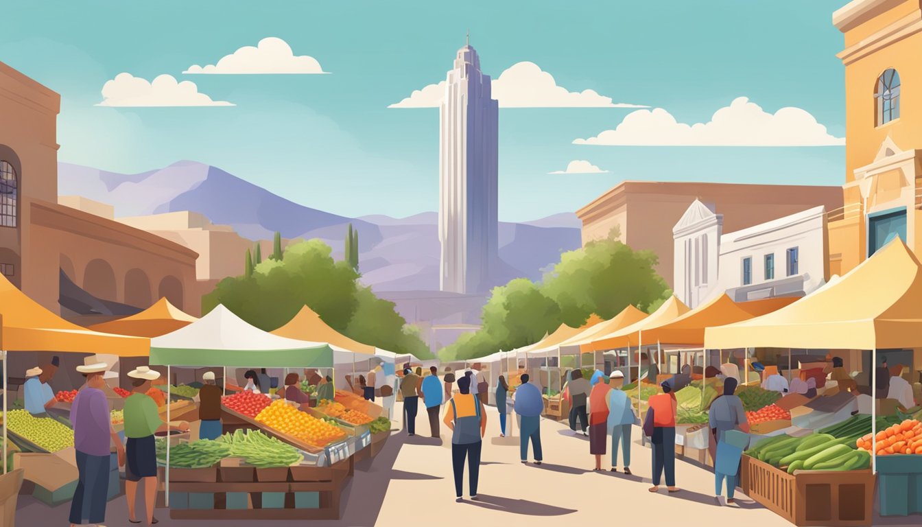 A bustling farmer's market with colorful stalls and diverse produce, set against the backdrop of the iconic Mesa skyline