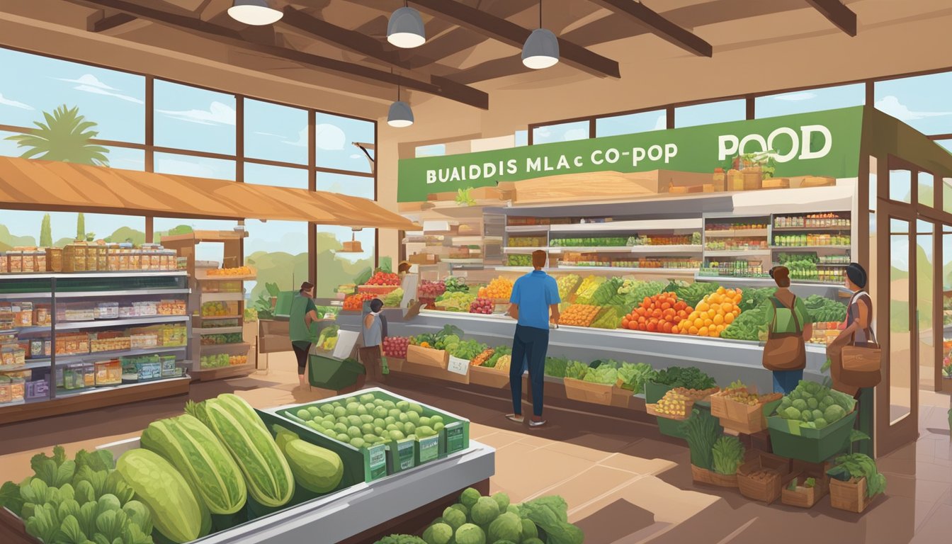 A bustling local food co-op in Mesa, AZ showcases a variety of organic and non-GMO options, with colorful produce and a welcoming atmosphere