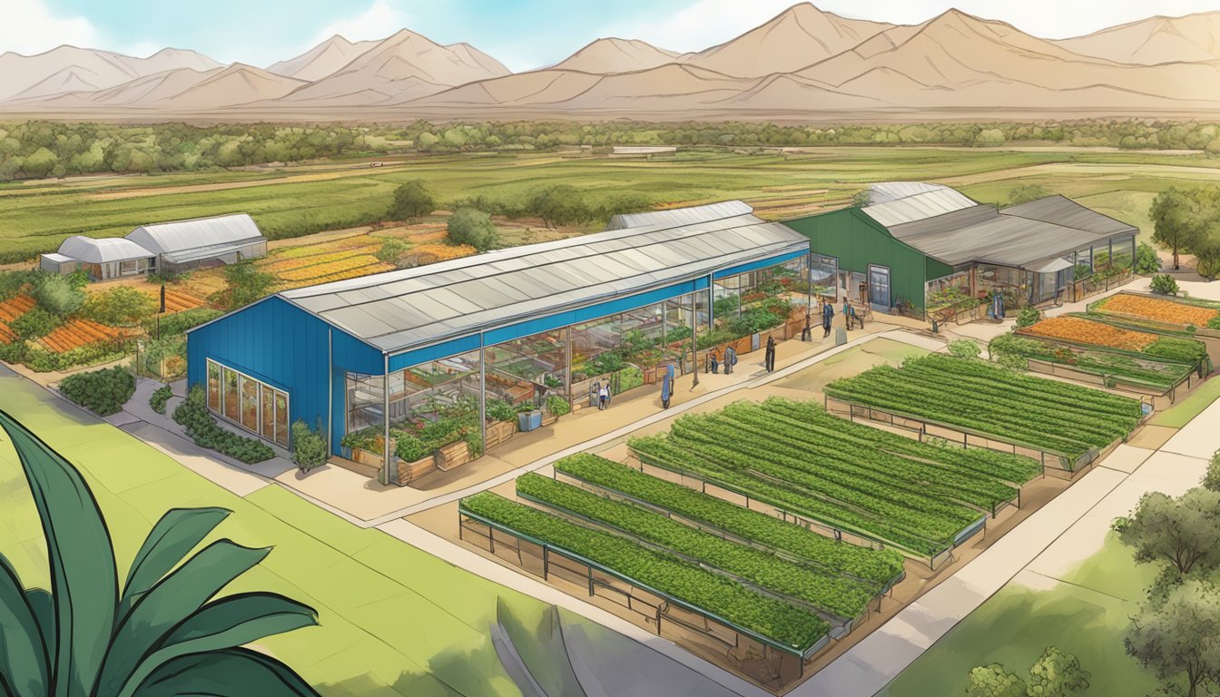 A vibrant local food coop surrounded by lush fields and modern sustainable agriculture innovations in Mesa, AZ