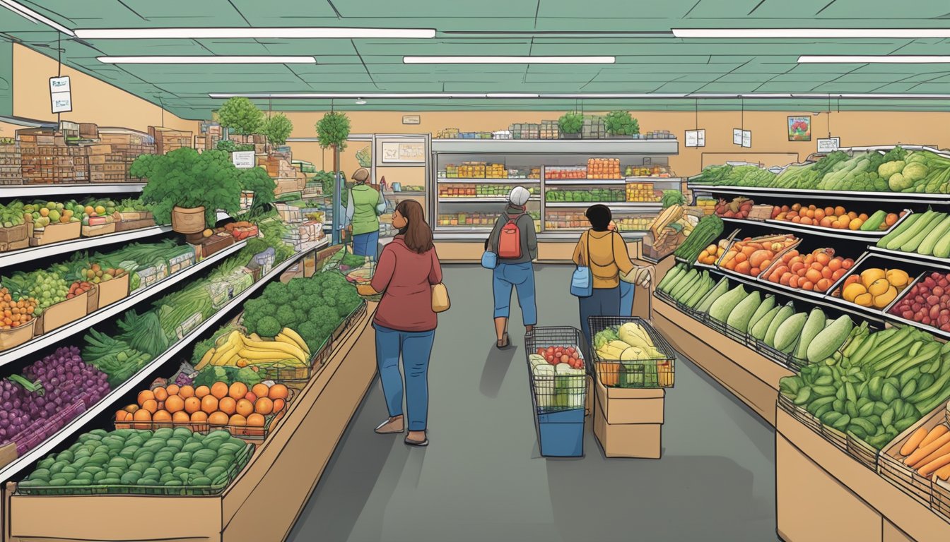 A bustling local food co-op in Durham, NC, with shelves stocked with fresh produce, bulk goods, and a diverse array of products. Customers browse the aisles, chatting with staff and fellow shoppers