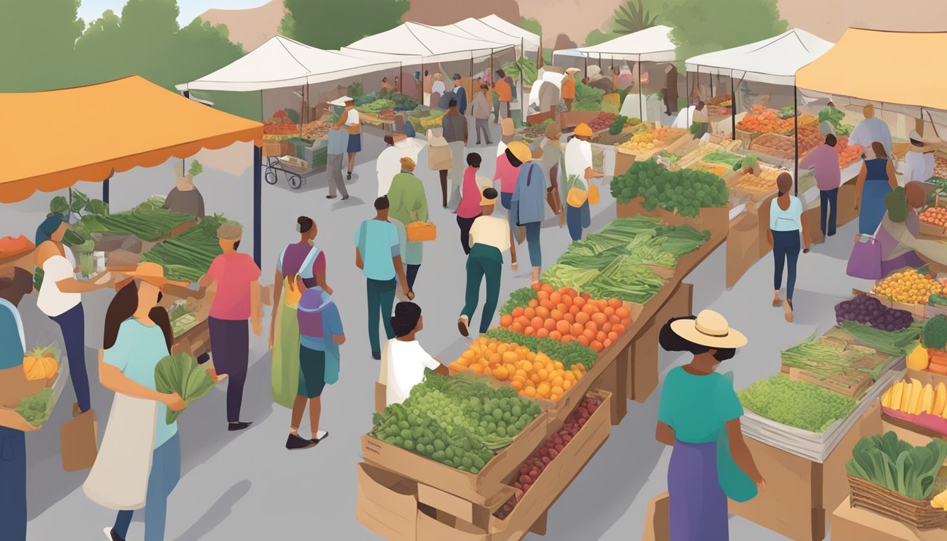 A bustling farmers market with colorful stalls offering fresh produce, homemade goods, and local food from Mesa Co-ops in Mesa, AZ