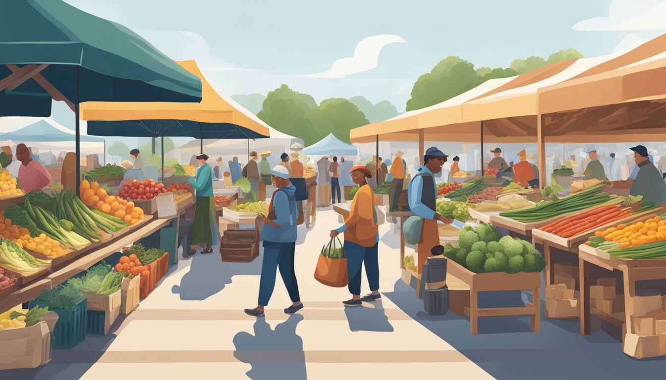 A bustling farmer's market with colorful stalls of fresh produce, artisanal cheeses, and locally-sourced meats. Shoppers browse the selection of quality, sustainable food options