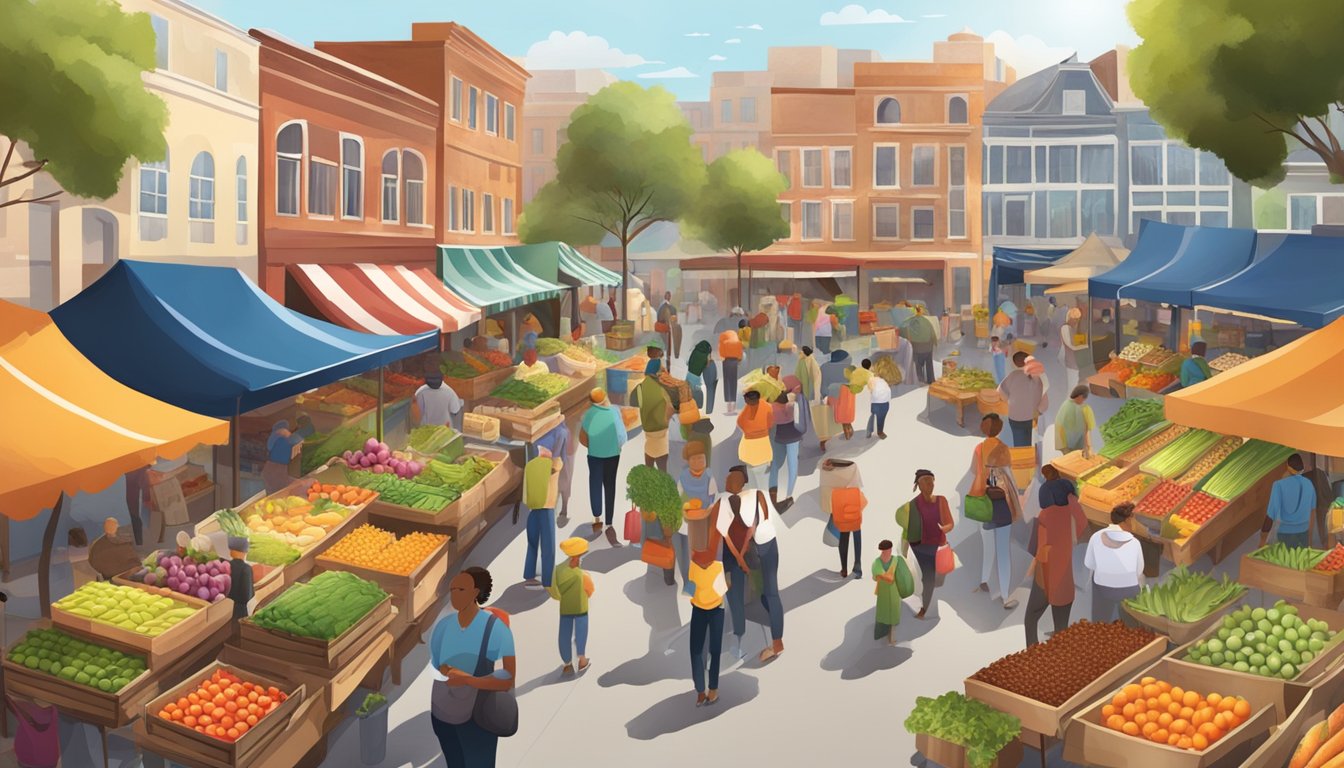 A bustling farmer's market with colorful produce stalls and local vendors surrounded by a diverse community of shoppers