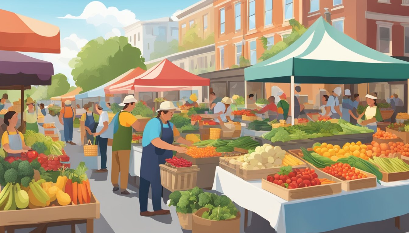 A bustling farmers' market with colorful fruits and vegetables, local vendors selling homemade jams and honey, and a lively cooking demonstration showcasing seasonal produce