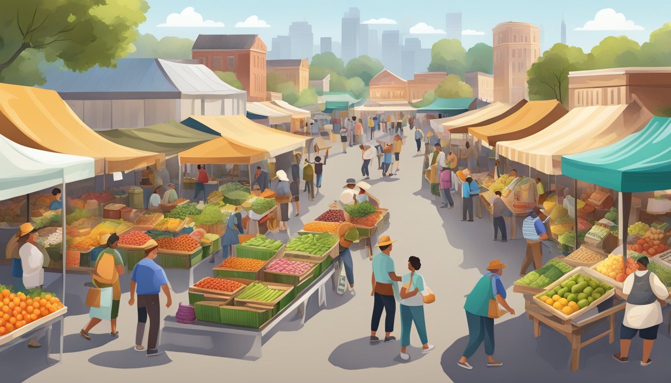 A bustling farmers market with colorful produce stalls and a diverse array of local food vendors