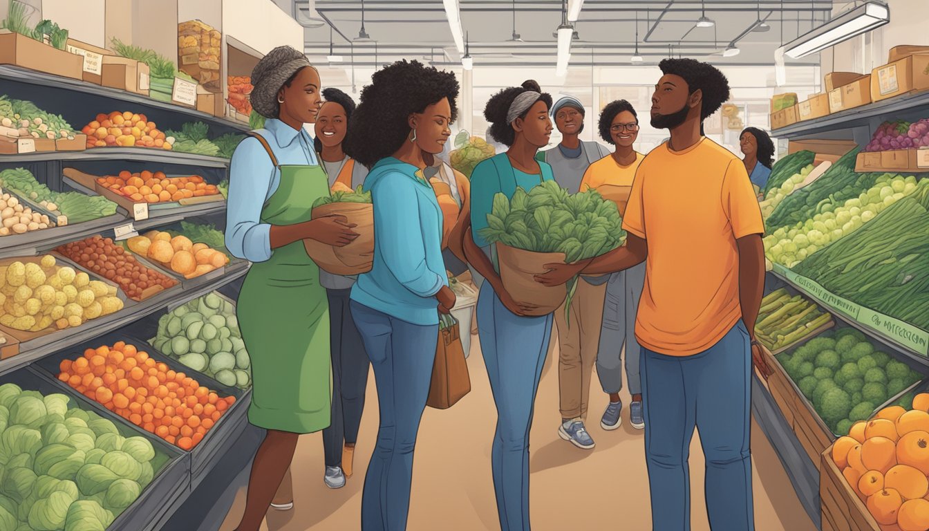 A diverse group of people shopping for locally sourced produce and products at a vibrant and eco-conscious food co-op in Durham, NC