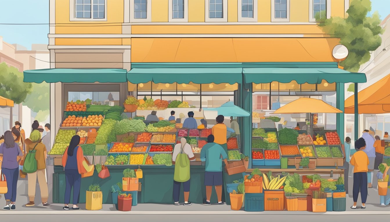 A bustling local food co-op in San Jose, California, with colorful produce stands, a variety of vendors, and a diverse group of shoppers browsing the outdoor market