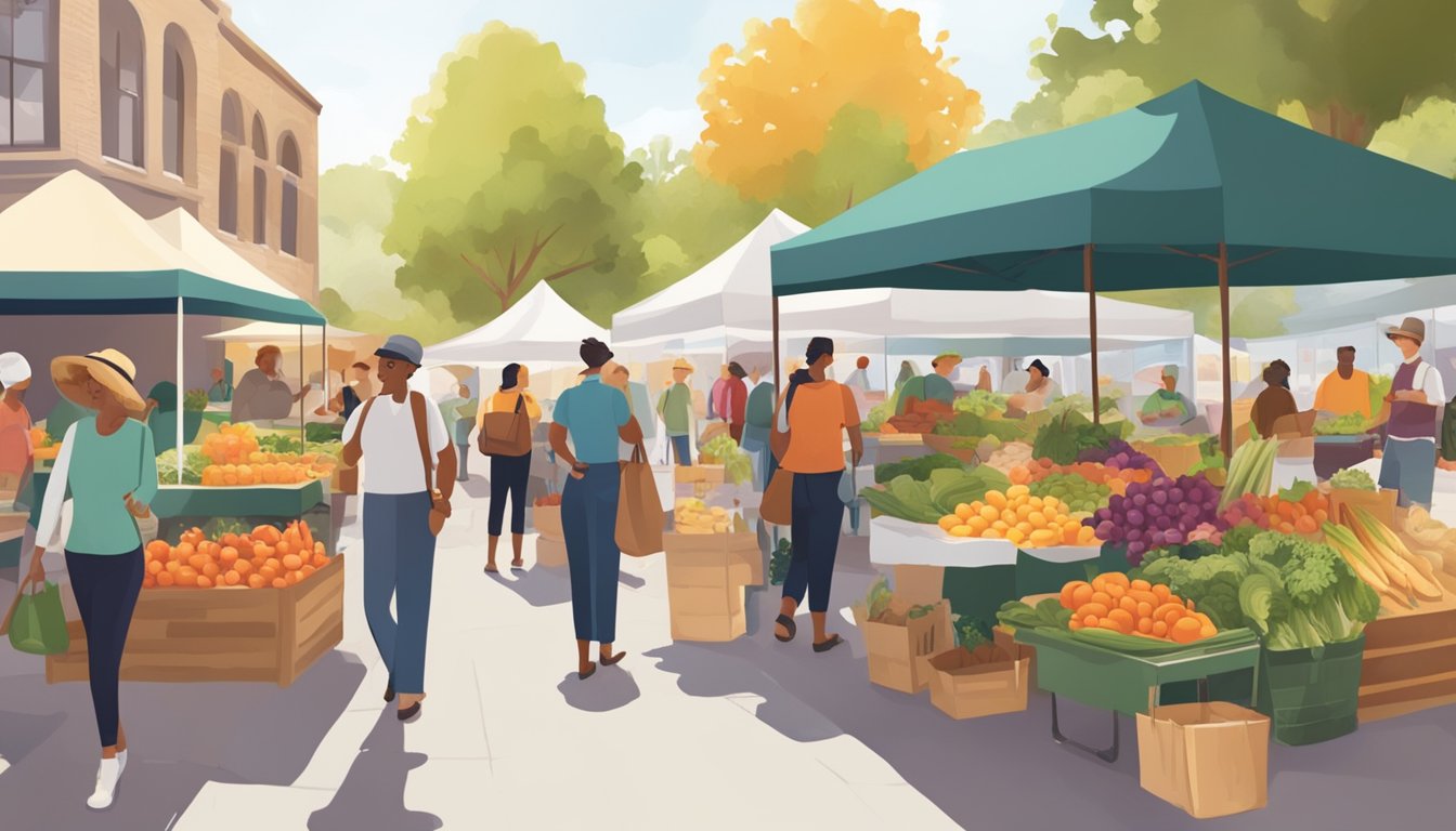 A bustling farmers market with fresh produce, artisanal goods, and smiling vendors. Shoppers chat and sample local treats, enjoying the sense of community