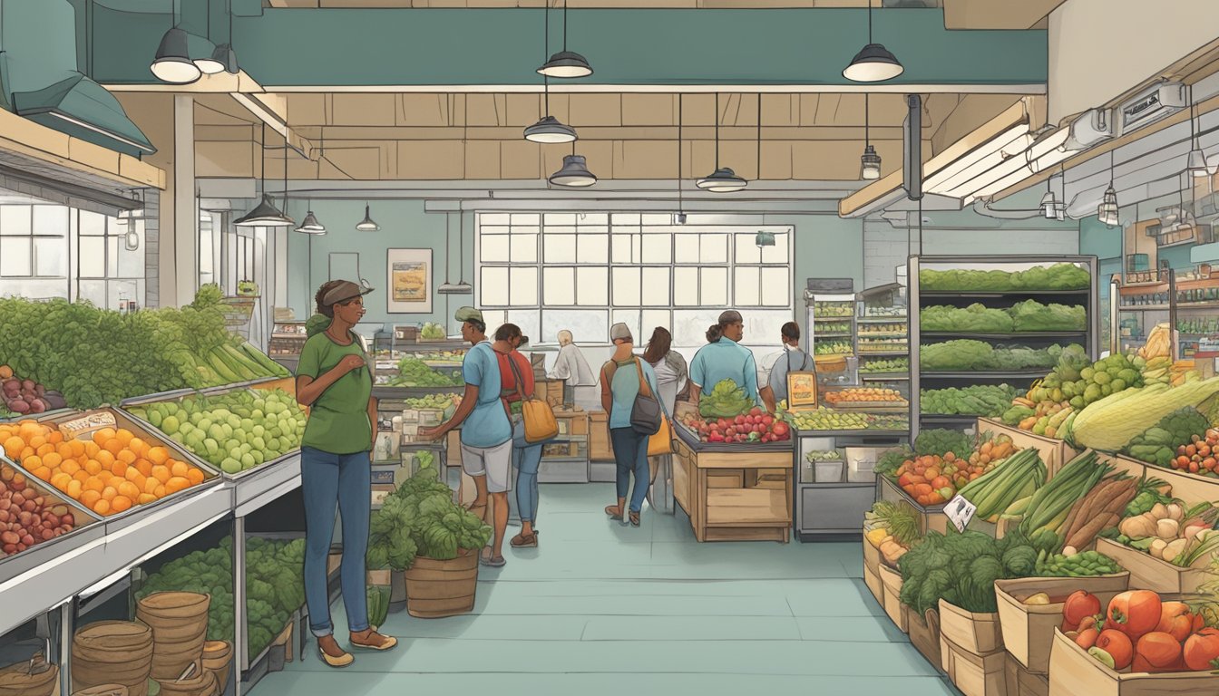 A bustling local food co-op in Durham, NC, with a variety of fresh produce, artisanal goods, and a welcoming atmosphere