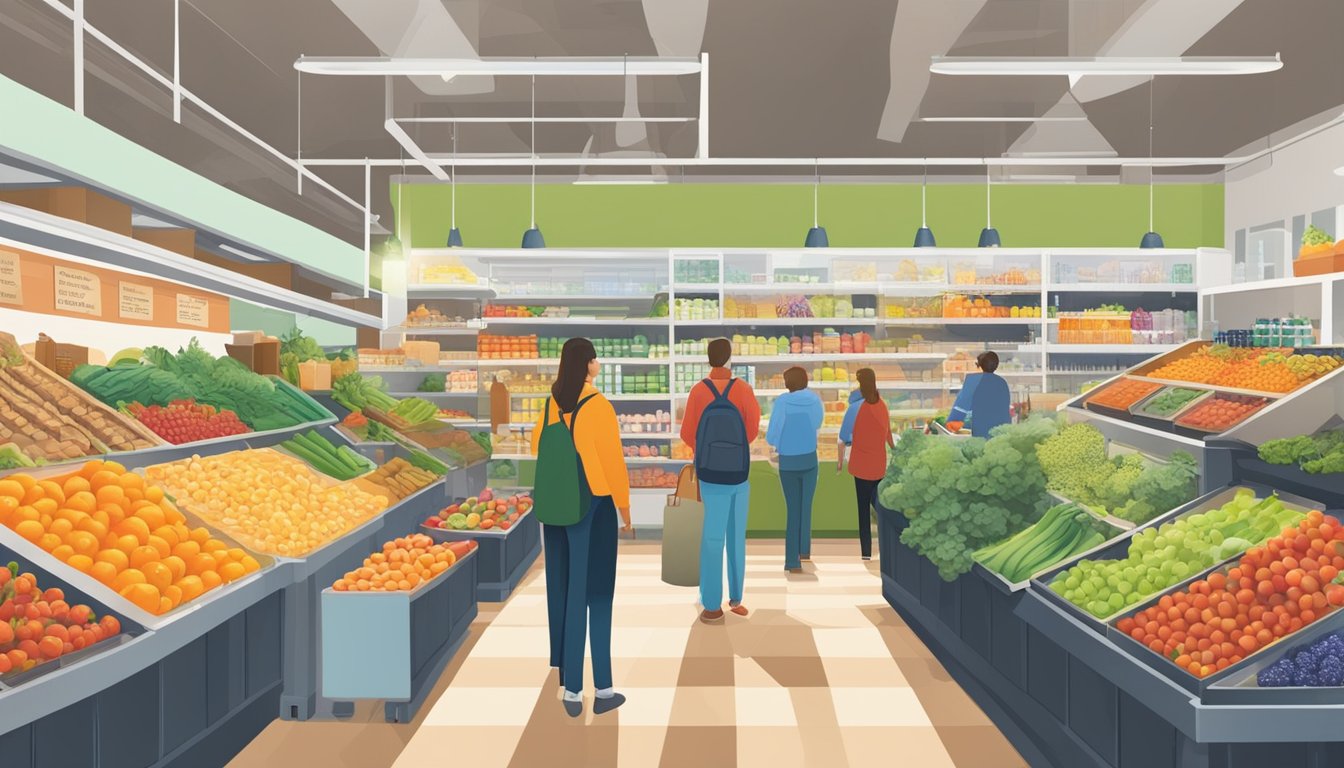 A bustling local food coop in Durham, NC, with colorful produce, shelves stocked with artisanal goods, and customers browsing the aisles