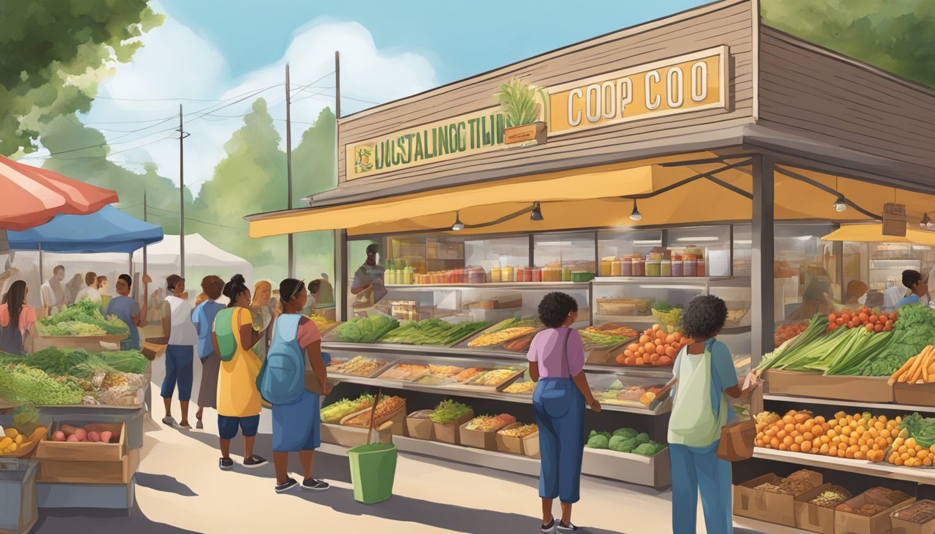 A bustling local food coop with diverse community members and educational displays