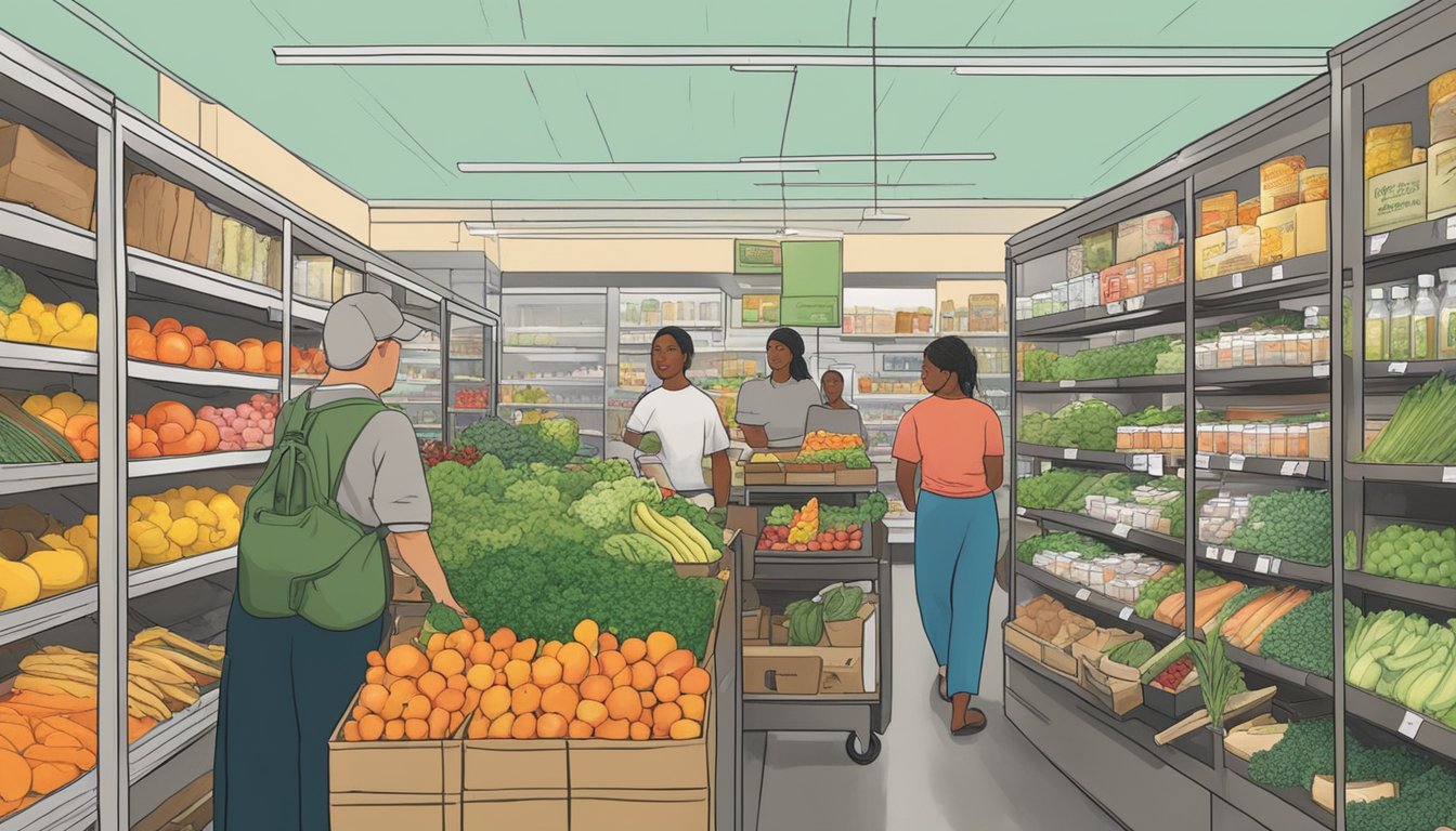 A bustling local food coop in Greensboro, NC, with members browsing produce and shelves stocked with fresh, organic products