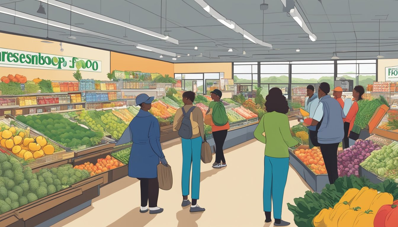 Customers browsing fresh produce and local goods at Greensboro Food Co-op, with colorful displays and friendly staff