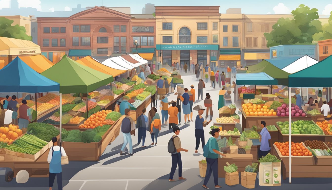 A bustling farmers' market with colorful stalls and diverse produce, surrounded by eager customers and local vendors