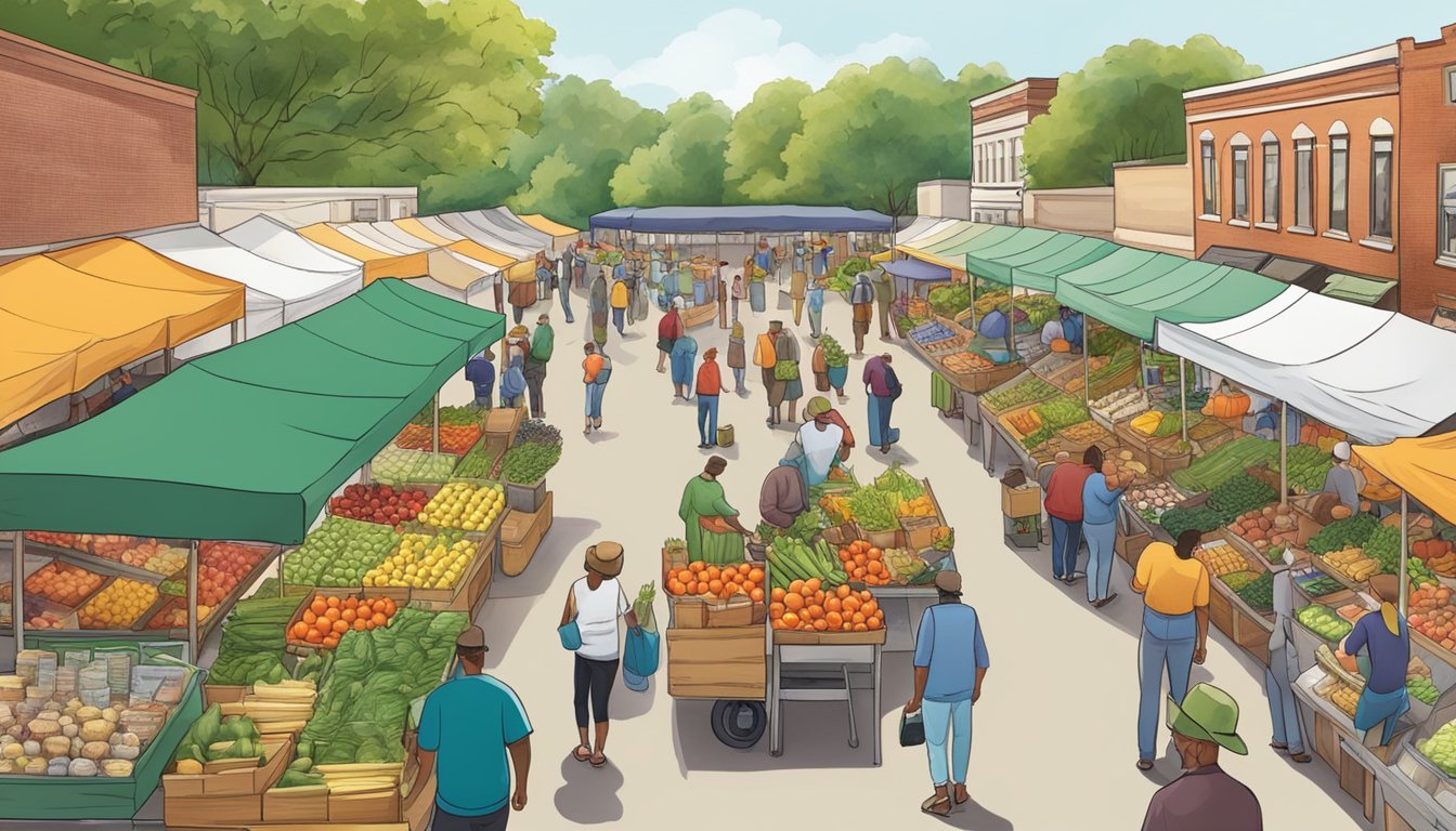 A bustling farmers market with colorful stalls and a variety of fresh produce, artisanal foods, and specialty products in Greensboro, NC