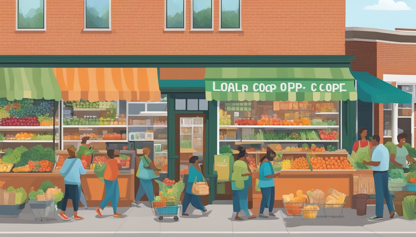 A bustling local food co-op in Greensboro, NC, with colorful produce, friendly vendors, and community members shopping and chatting