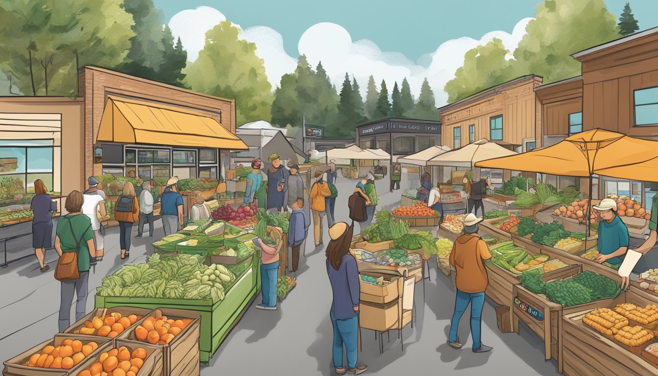 A bustling local food co-op directory in Vancouver, WA, with vendors and shoppers browsing fresh produce and artisan goods