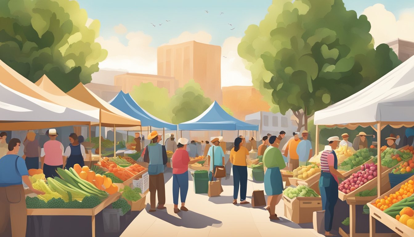 A bustling farmers market with colorful produce, artisanal goods, and local vendors under a sunny sky