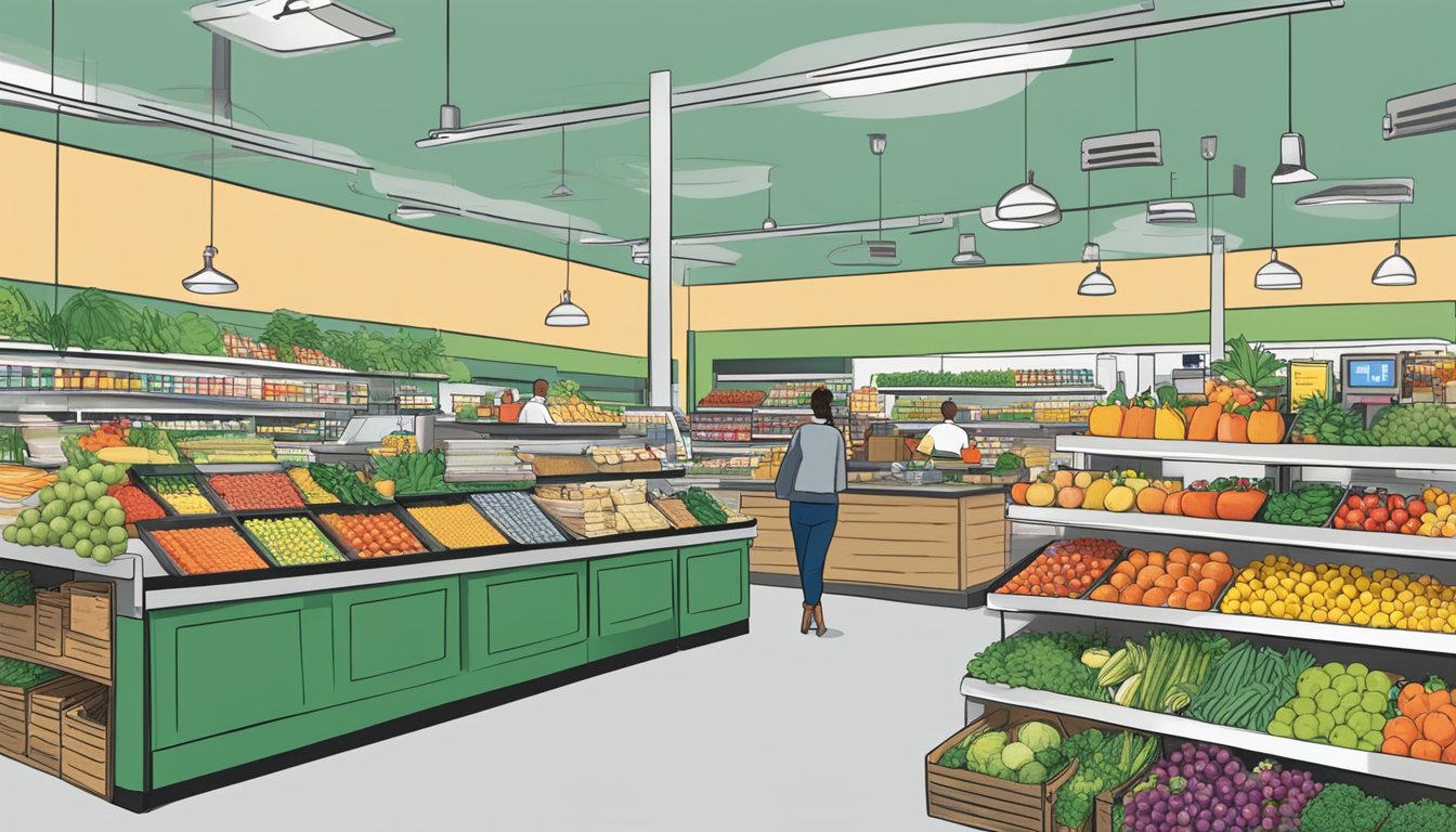 A bustling food co-op in Grand Rapids, MI, with shelves stocked full of fresh produce, local goods, and a diverse array of products. Customers browse the aisles, while staff members assist at the checkout counter