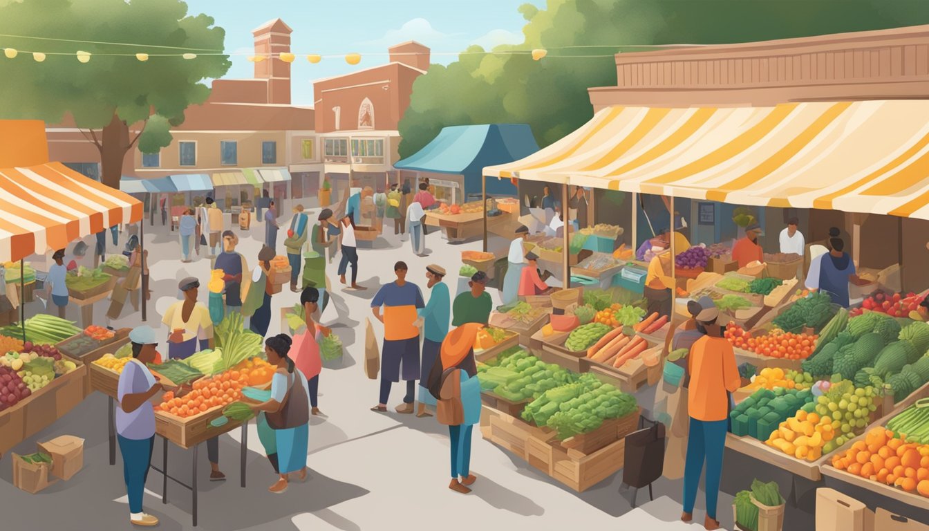 A bustling farmer's market with colorful produce, local vendors, and community members browsing and chatting