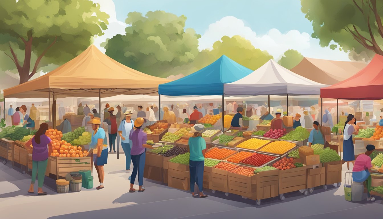 A bustling farmers market with colorful stalls and a variety of fresh produce, baked goods, and artisanal products. Busy shoppers explore the offerings while chatting with friendly vendors