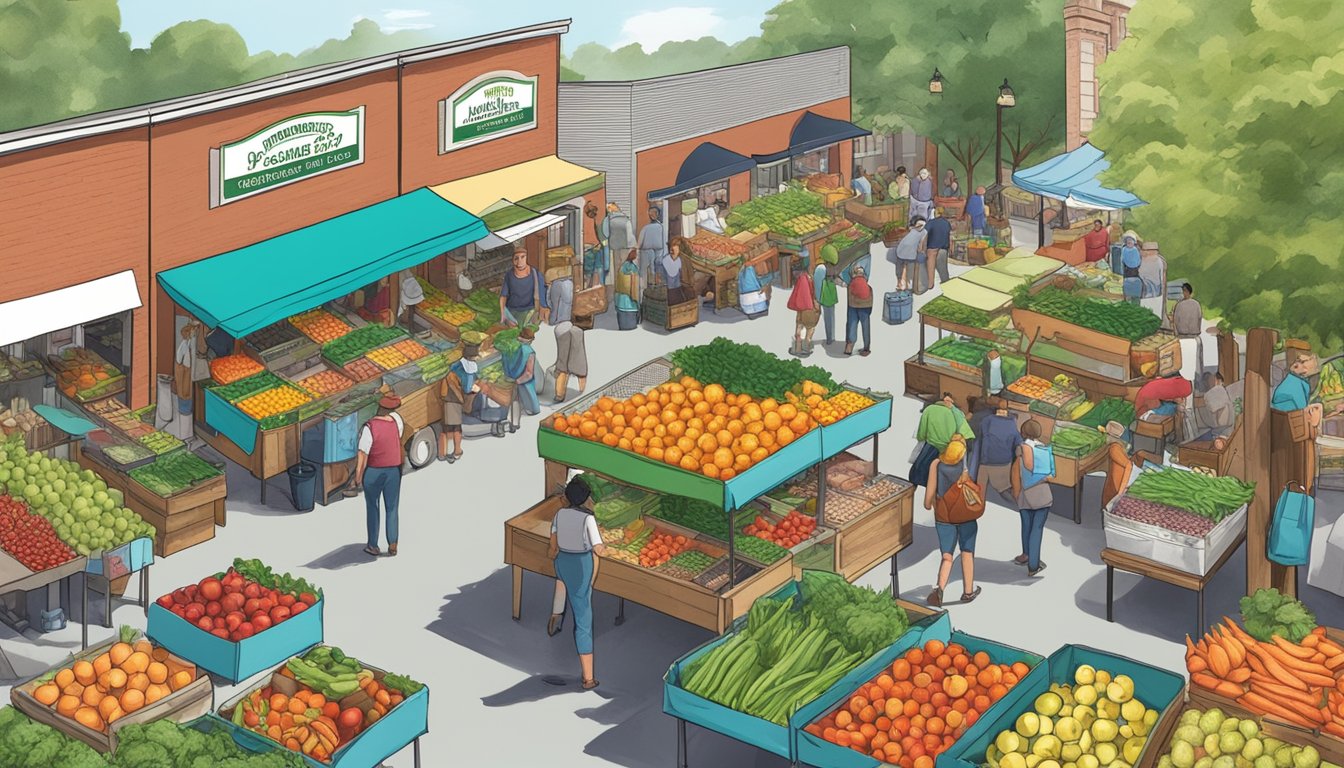 A bustling farmers market with colorful produce stalls and a sign for the local food co-op in Greensboro, NC