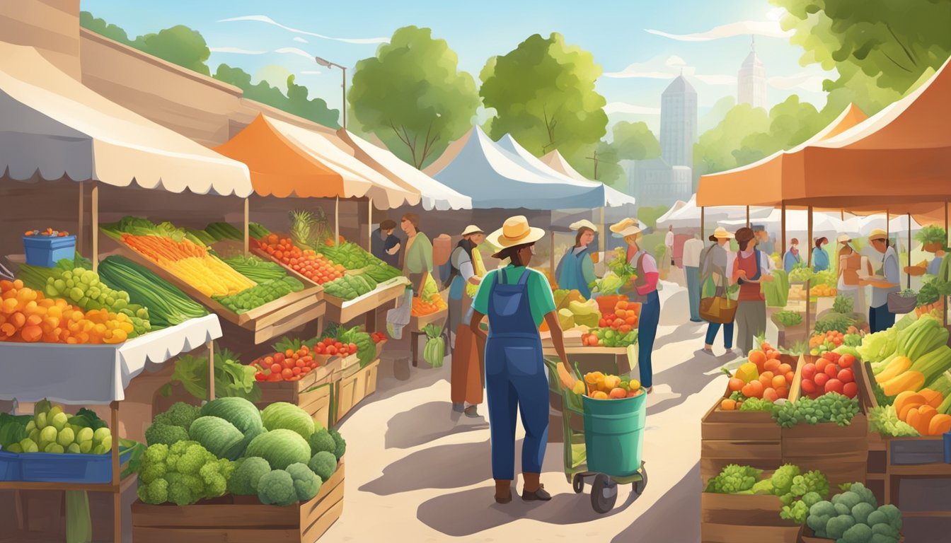 A vibrant farmers' market with colorful produce, friendly vendors, and eco-friendly signage promoting organic and sustainable farming practices