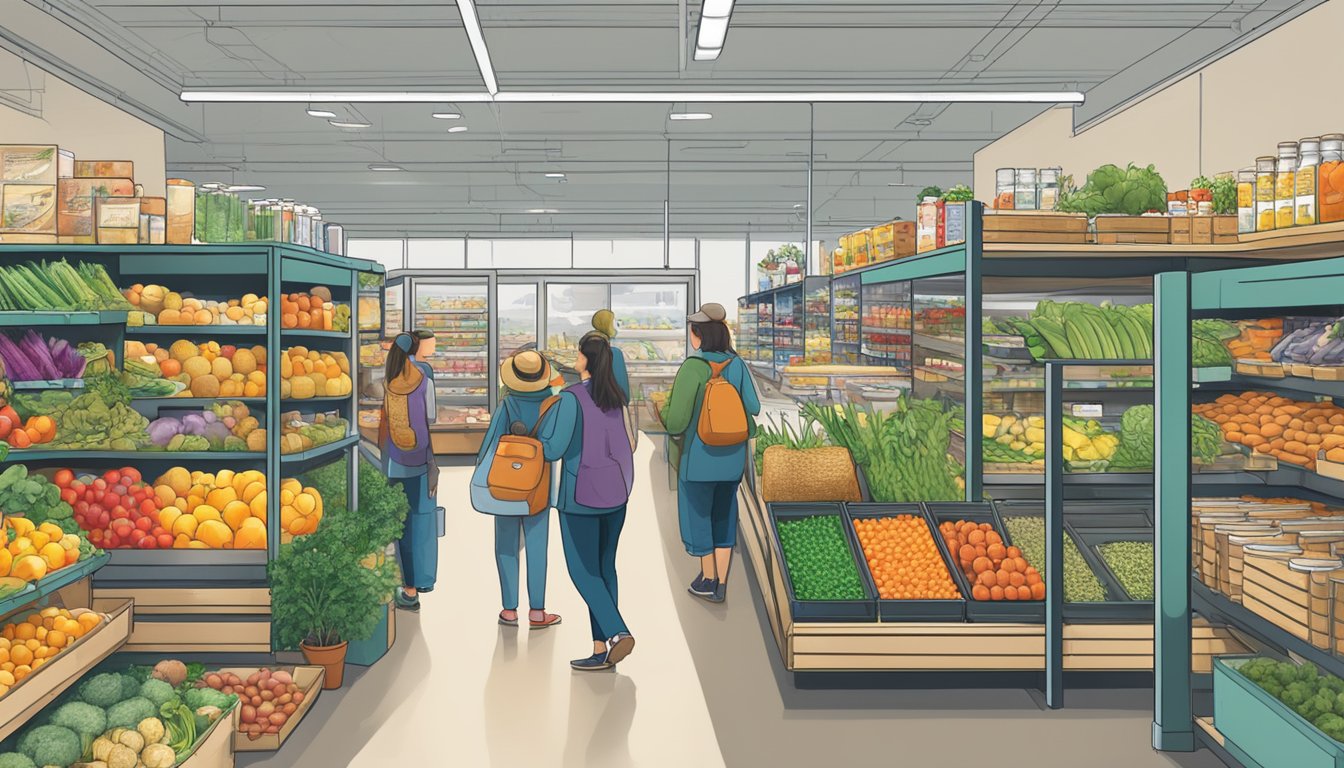 A bustling local food coop with shelves stocked with fresh produce, grains, and canned goods. Customers browse the aisles, chatting with staff and selecting items to support food security in Vancouver, WA