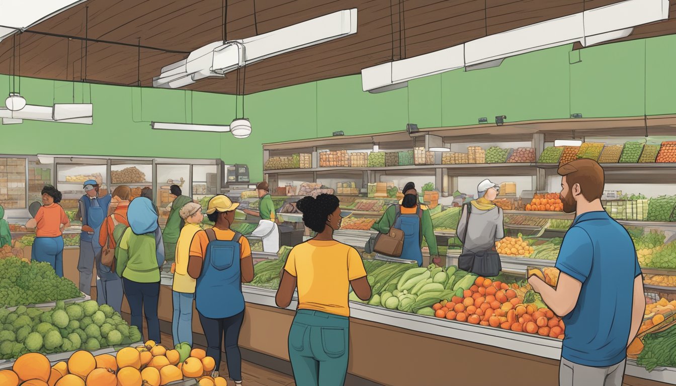 A bustling local food co-op in Grand Rapids, MI, with members browsing produce, chatting with staff, and participating in workshops and events