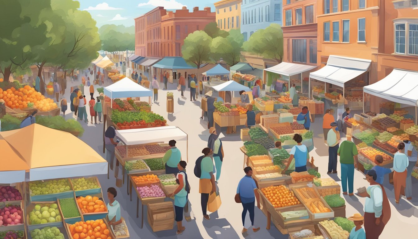 A bustling farmers' market with colorful stalls and a diverse array of fresh produce, baked goods, and artisanal products. Community members chat and browse