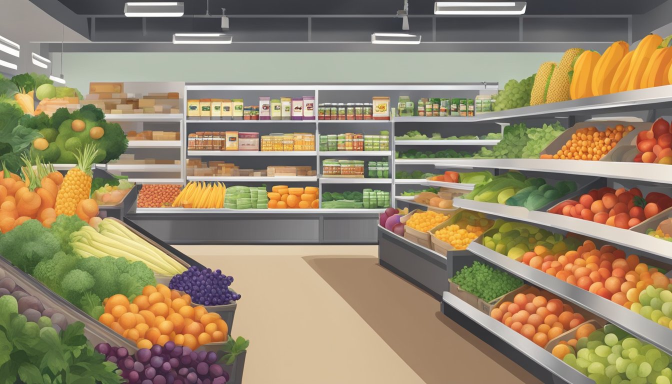 A bustling local food co-op display with fresh fruits, vegetables, and packaged goods. Shelves and bins are filled with colorful and diverse products