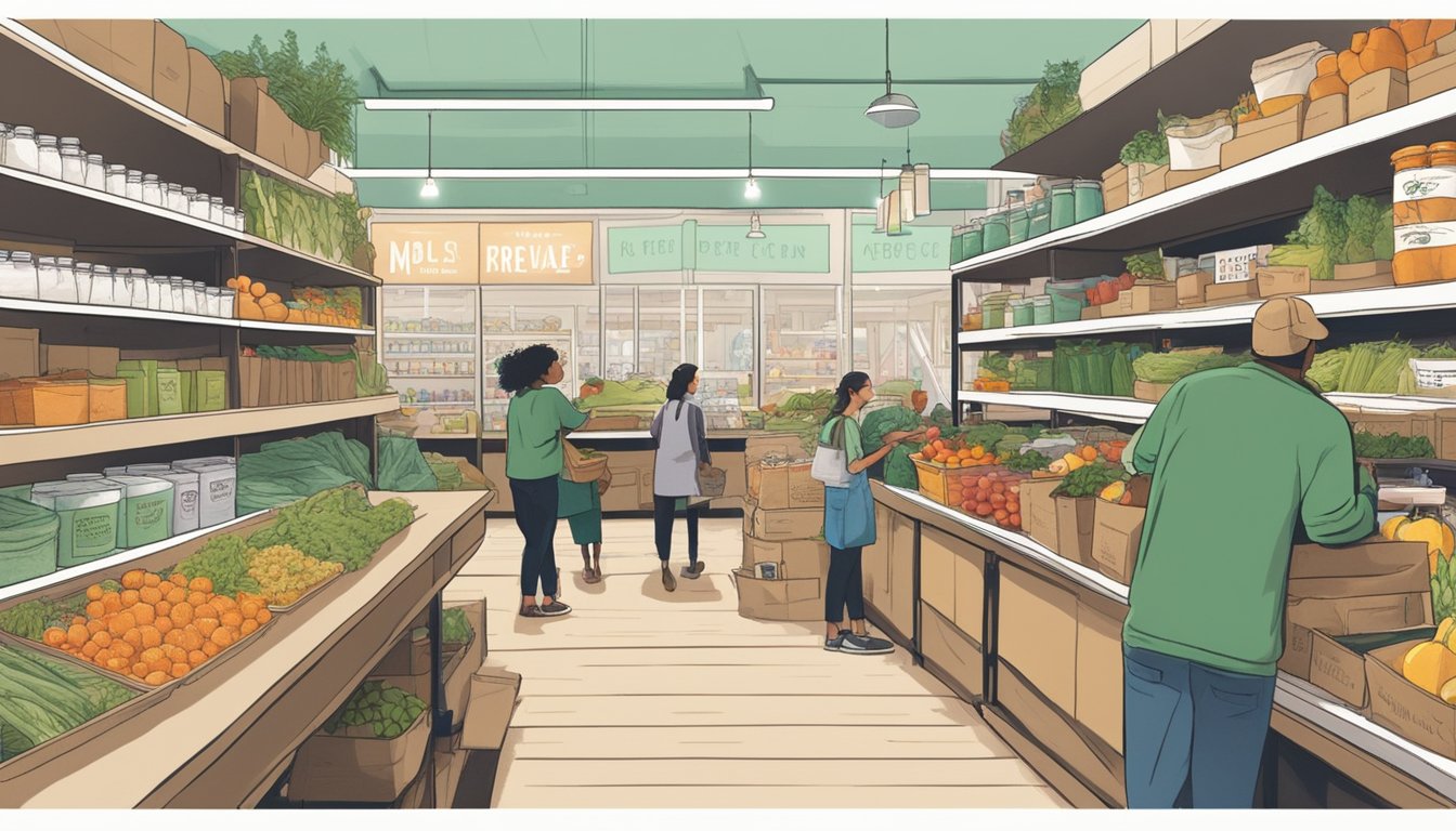 A bustling local food co-op in Grand Rapids, MI, with shelves stocked full of organic produce, bulk grains, and sustainable household products. Customers chat with friendly staff while filling reusable bags with ethically sourced goods