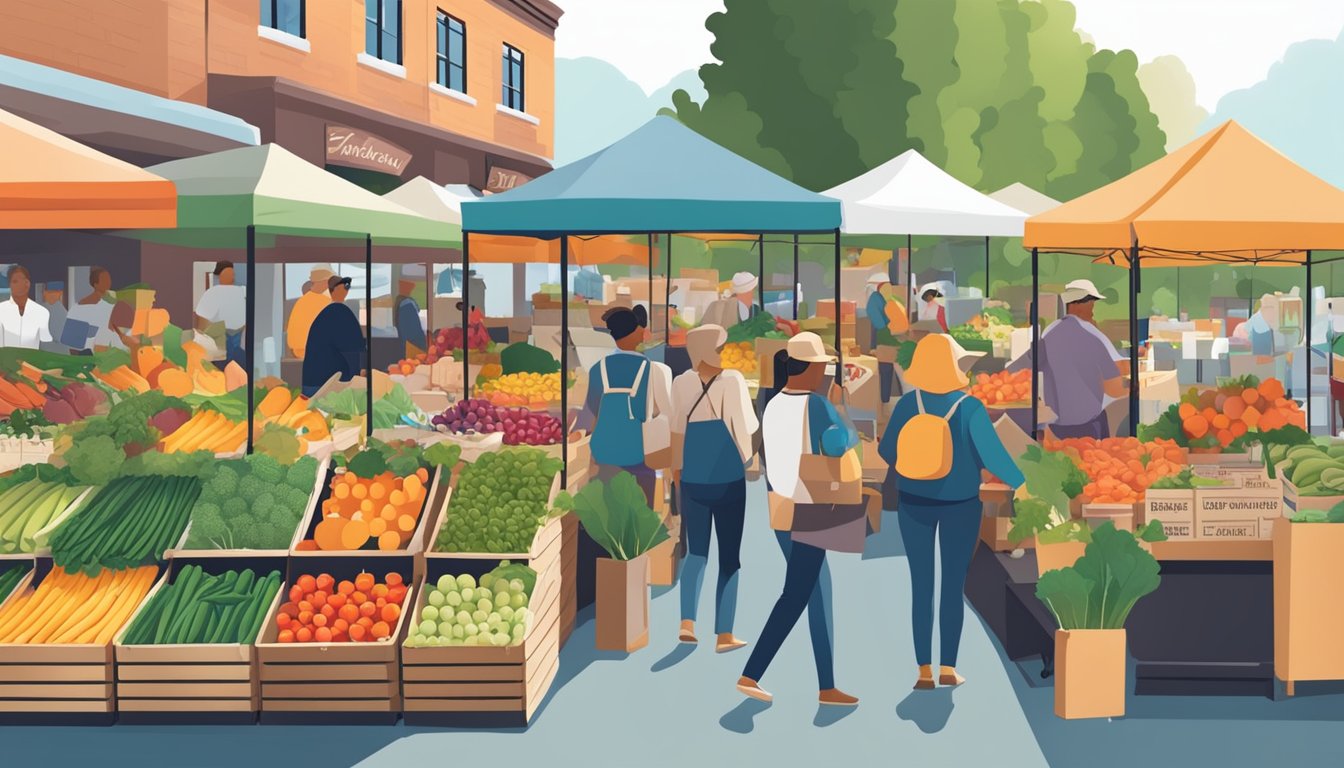 A bustling farmers market with colorful produce stalls and local suppliers in Chesapeake, VA