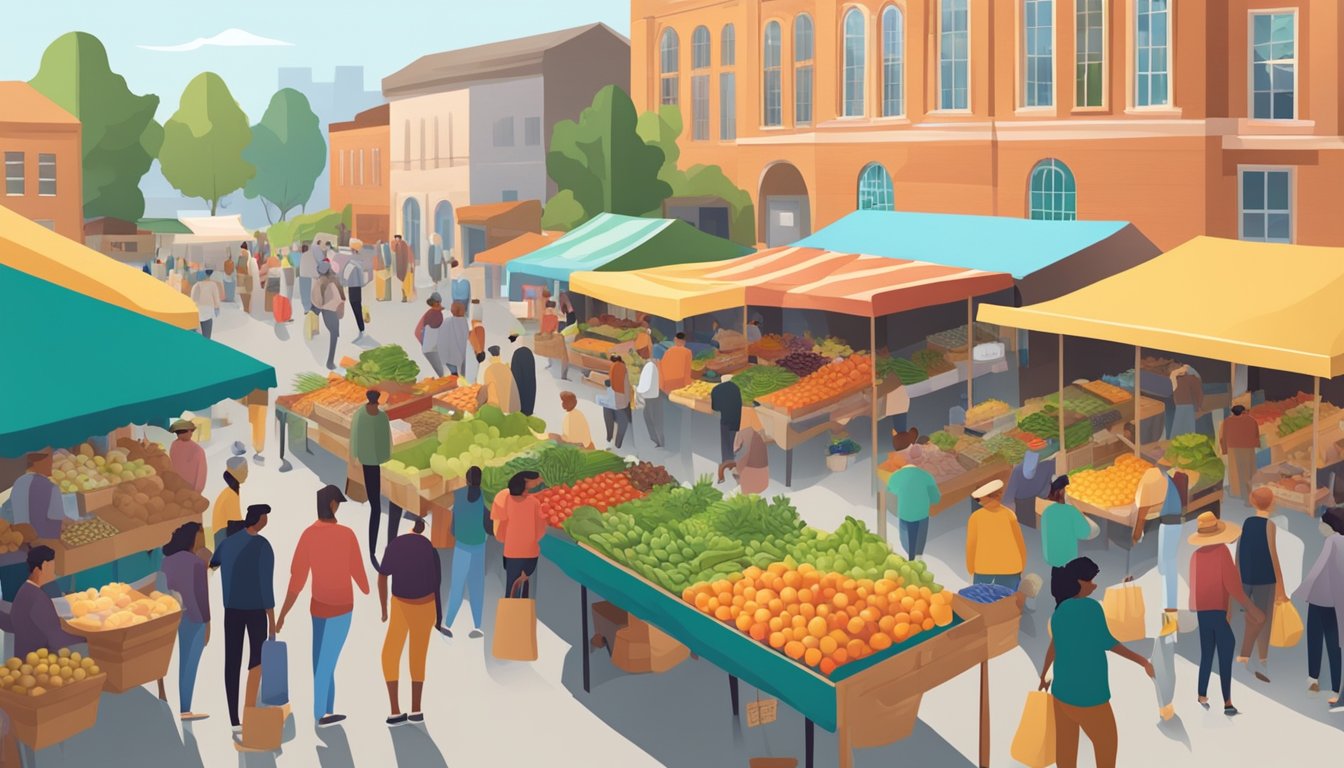 A bustling farmers market with colorful produce stalls and a diverse crowd browsing and purchasing local goods