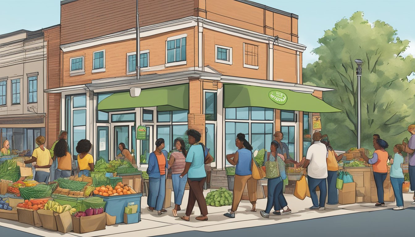 A bustling local food co-op in Chesapeake, VA, with diverse community members engaging in various activities such as shopping, conversing, and participating in workshops