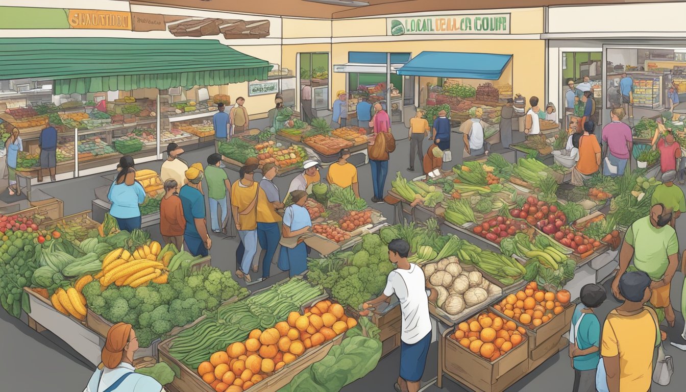 A bustling local food coop in Huntington Beach, CA, with colorful produce, artisanal products, and a diverse crowd of shoppers