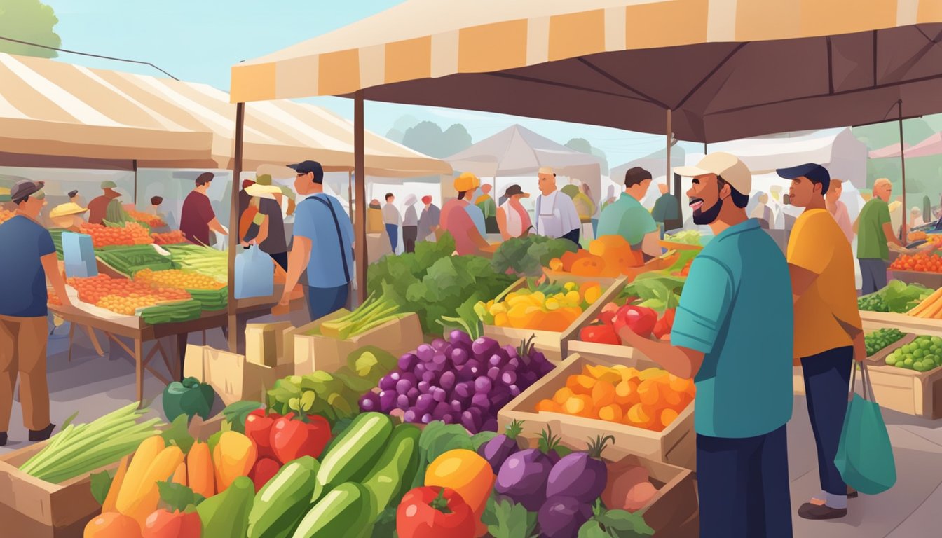 A bustling farmers market with colorful stalls and fresh produce, surrounded by eager customers and friendly vendors