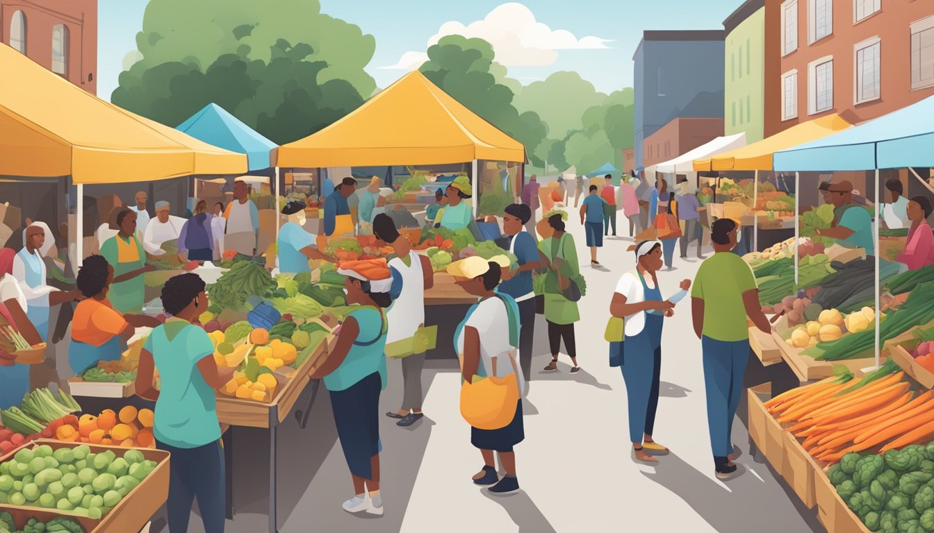 A bustling farmers' market with colorful produce, local vendors, and community members exchanging goods and conversation