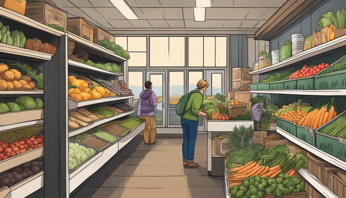 A bustling local food co-op in Anchorage, Alaska, with shelves stocked full of fresh produce, local goods, and a cozy atmosphere