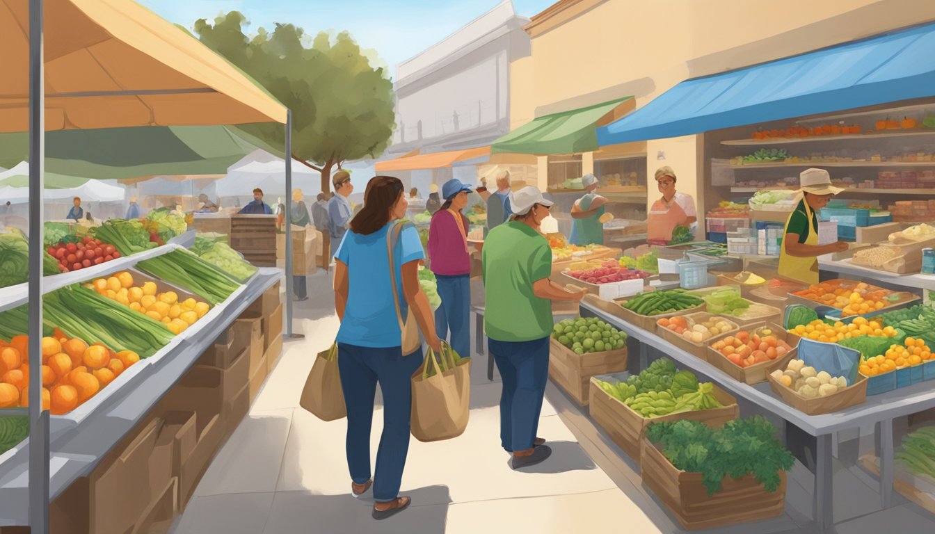 A bustling local food coop in Huntington Beach, CA, with colorful produce, bulk bins, and eco-friendly products. Customers chat with vendors and fill reusable bags